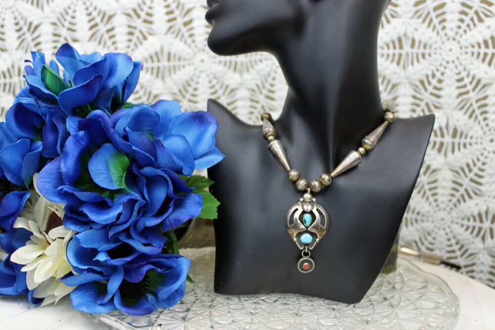 J Star C Signed Sterling Silver Turquoise and Coral Tooled Cone Necklace
